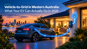 Tesla EV charging at a modern Perth home at dusk, showing vehicle-to-grid power flow from car to house, with Perth city skyline in background